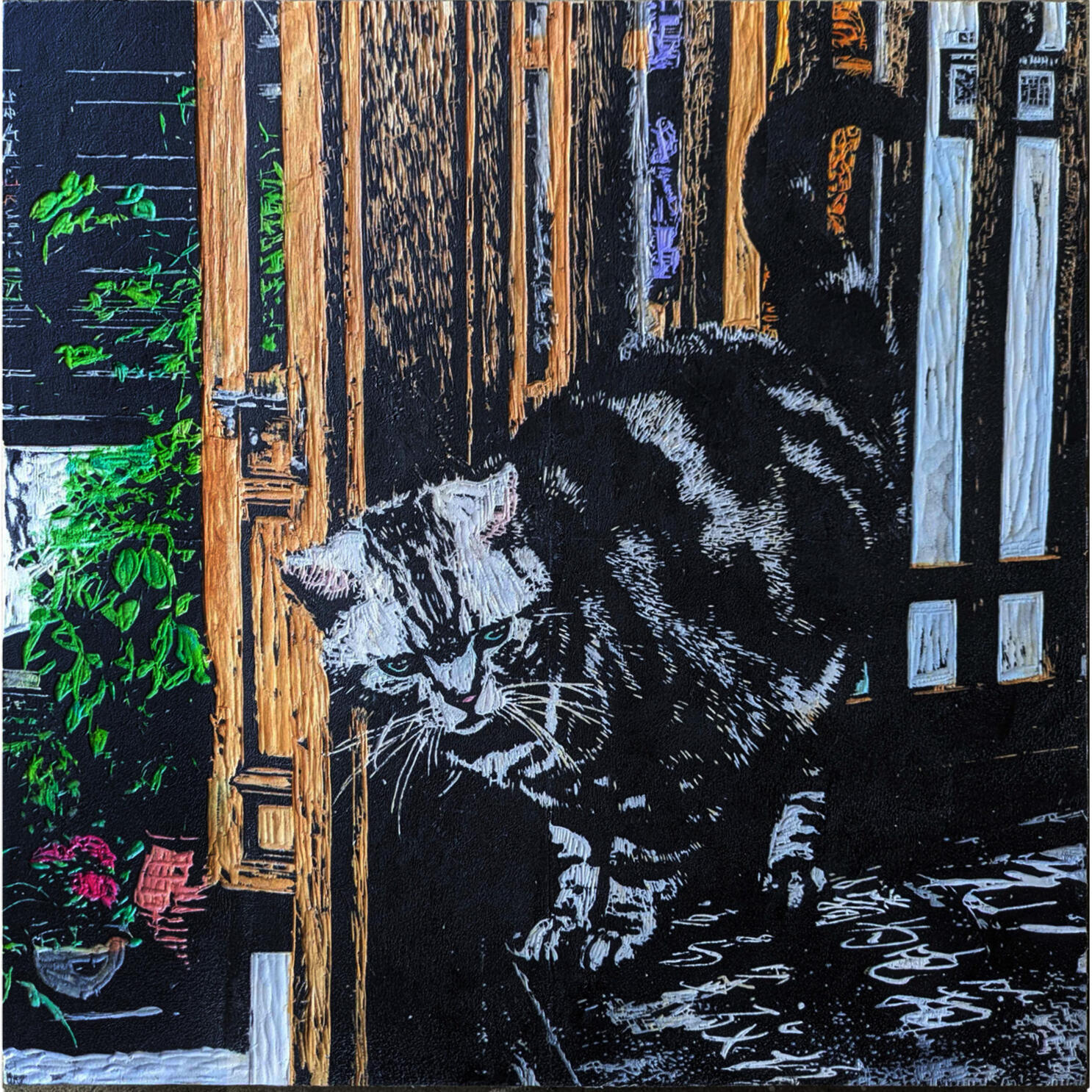 山城不倒 ShanChen Lane Cat Cafe, Woodcut and Acrylic